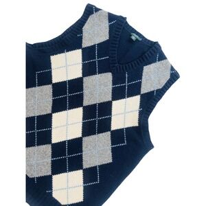 J.Crew Men's Navy Blue Argyle V-Neck Sweater Vest 100% Lambs Wool Size Large